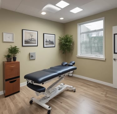 A bright, welcoming treatment room with modern chiropractic equipment and natural light.