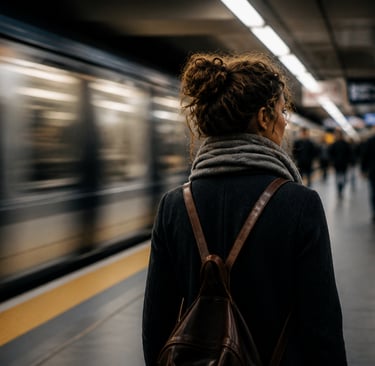 Woman standing on a busy metro platform with motion blur from passing train and commuters, represent