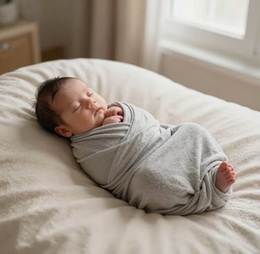 Minimalist professional newborn photography, a sleeping baby wrapped in a light grey muslin cloth on a cream textured surface, soft side lighting from a window, peaceful and warm atmosphere, Middle Eastern / Turkish home setting.