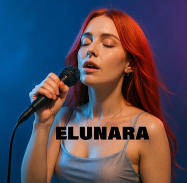 Red-haired female singer Elunara performing with a microphone under blue and purple stage lighting.