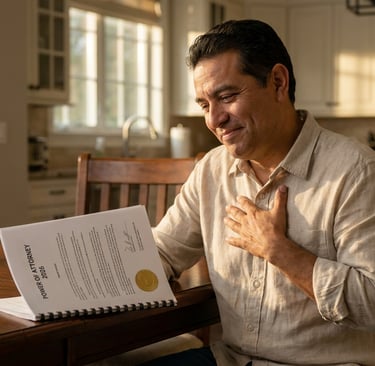Hombre hispano de mediana edad revisando una carta poder en casa.