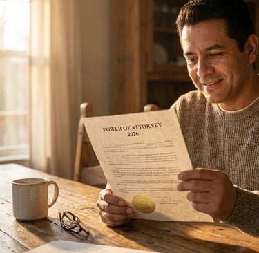 Hombre hispano en casa revisando un documento de Carta Poder notariado