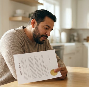 Hombre hispano en casa sintiendo alivio al revisar su documento Affidavit.