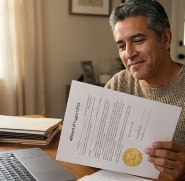 Persona llenando un affidavit correctamente con sello notarial oficial.