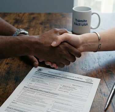 Patrocinador y solicitante firmando el Affidavit of Support I-864 español del USCIS para un trámite de inmigración