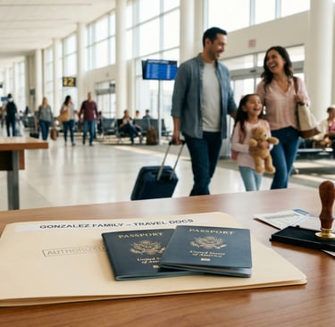 Documentos de viaje y pasaportes para menores en aeropuerto