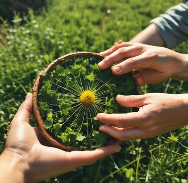 Close-up of spring herbs like nettle and chickweed illustrated with delicate green leaves and tiny flowers.
