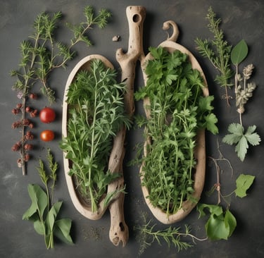 A steaming bowl of herbal tea with thyme and wild cherry bark, surrounded by fresh citrus fruits and leafy greens.