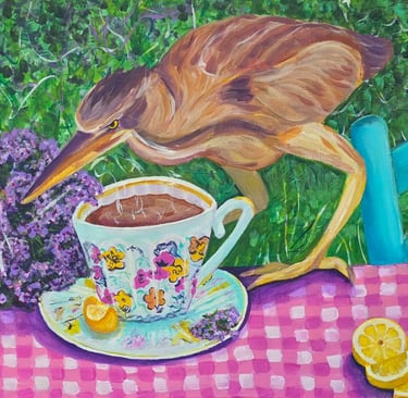 The Guest acrylic painting on wood panel