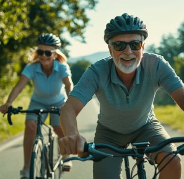 a man and woman riding bikes on a road