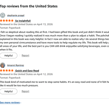 Screenshot of positive five-star customer reviews for a paperback psychology and habit-building book.
