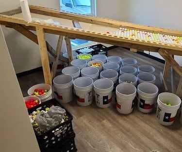 Used golf balls being sorted on a wooden ramp into white buckets for cleaning and resale.
