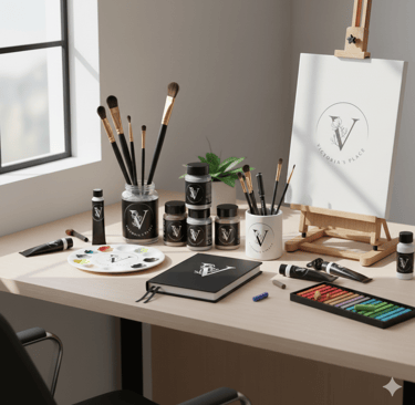 a desk with a painting easel and a painting