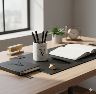 a desk with a notebook and pen and pencils