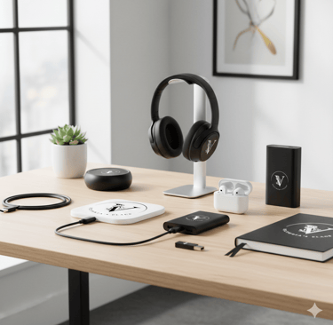 a desk with a phone and headphones on it