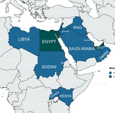 Map of AxsuR presence across UAE, Egypt, Saudi Arabia, Iraq, Libya, Sudan, Kenya, and Uganda.