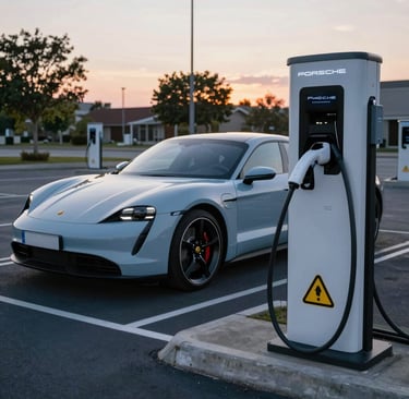 A sleek charging station beside an Audi e-tron GT glowing at dusk.