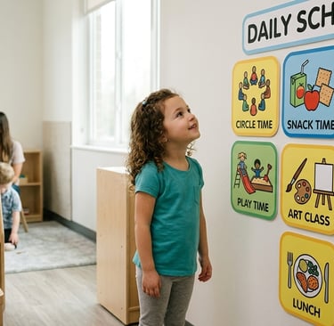 Girl looking at visual schedule