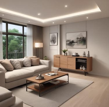 Modern 4 BHK apartment featuring panoramic windows and open living spaces.