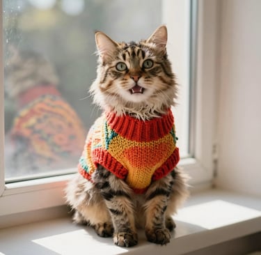 Un gato atigrado y esponjoso, con un colorido suéter de punto para mascotas