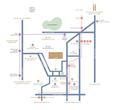 Location map of Bangsar Hill Park in Kuala Lumpur showing nearby MRT stations, KL Sentral, and shopping malls.