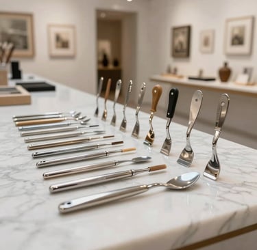 Primer plano artístico de pinceles profesionales y espátulas de metal alineadas con precisión sobre una superficie de mármol blanco. La iluminación es difusa y sofisticada, resaltando las texturas metálicas y la limpieza del equipo. Ambiente de galería moderna en una metrópolis latinoamericana.