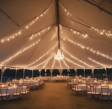 A beautifully decorated outdoor tent with warm earthy tones and soft lighting at dusk