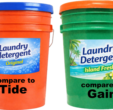 Orange and green bulk laundry detergent buckets compared to Tide and Gain brands.