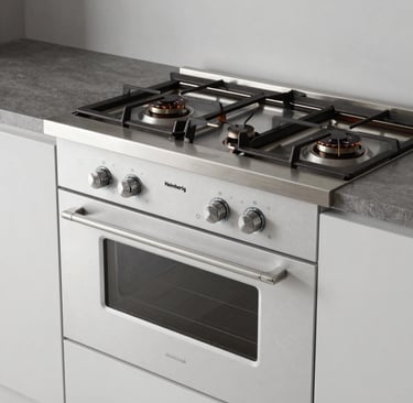 A sleek black and white photo of a modern kitchen workspace showcasing a minimalist small appliance from heimbergh.