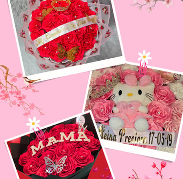 Ramos de rosas eternas hechas a mano color rojo y rosado son 3 ramos y uno tiene un pelluche de kity en el centro