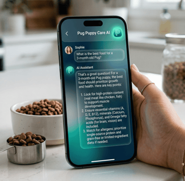 Smartphone displaying a Pug puppy care AI chat about nutritional dog food tips in a kitchen.