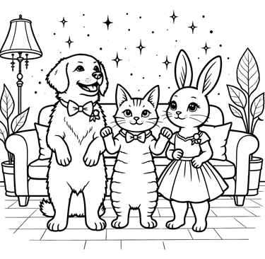 Coloring Page of a dog, cat, and bunny in the living room