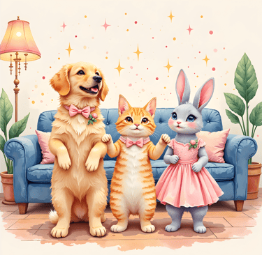 Coloring Page with a dog, cat, and bunny showing off in the living room