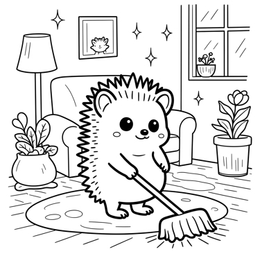 Coloring Page of a hedgehog cleaning the living room floor