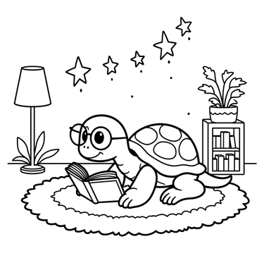 Coloring page of a turtle reading a book in the living room