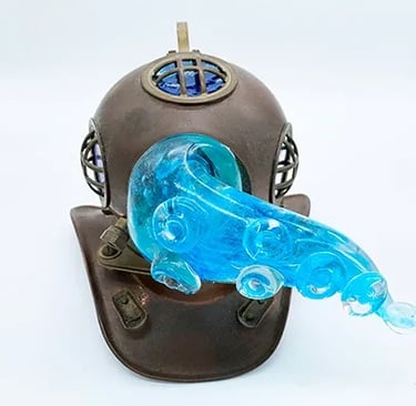 Glass octopus tentacle coming our of scuba helmet.