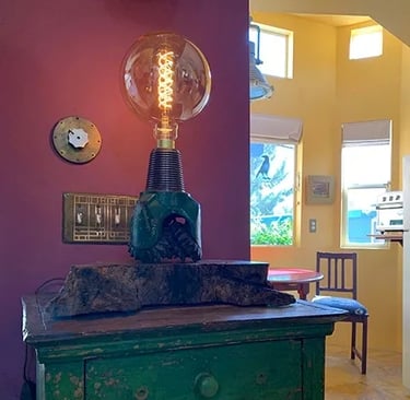 Lamp made from big LED, drill bit and walnut base.