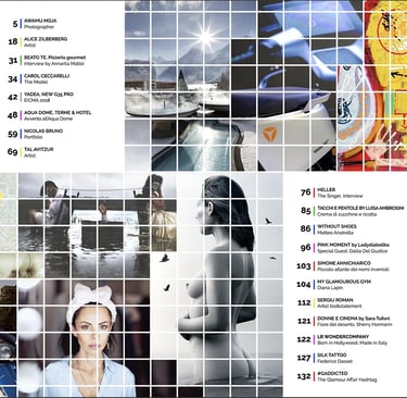 Table of Contents for Glamour Affair issue with article about artist Tal Avitzur.