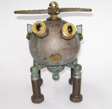 Assemblage robot head named Prophead built by artist Tal Avitzur.