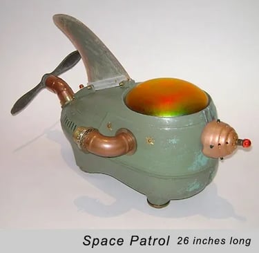 Found object spaceship sculpture named Space Patrol by artist Tal Avitzur.