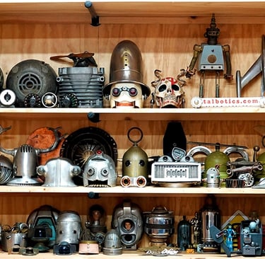 Shelves of parts in artist Tal Avitzur's workshop.