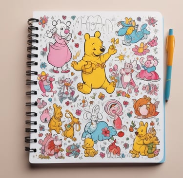 A cozy corner with cadernetas and cola bastão decorated with charming Disney illustrations.