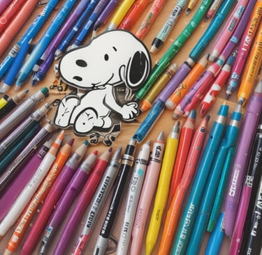 Colorful display of Pooh-themed notebooks and Snoopy pencil cases arranged on a wooden shelf.