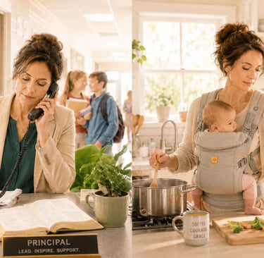 A working mother balancing her career  and cooking at home with her baby in a carrier.