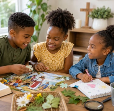 Happy African American children doing a Bible jigsaw puzzle and coloring at home.