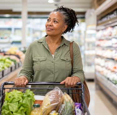 A smiling senior woman pushes a shopping cart full of fresh produce and groceries through a supermarket aisle.