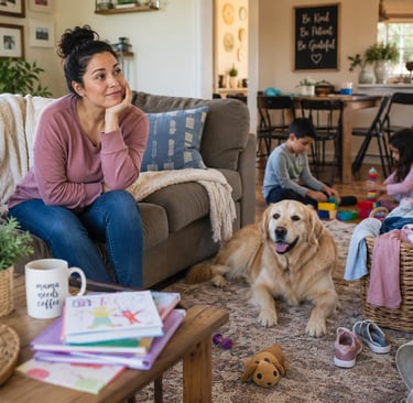 A mother sitting on a couch in a living room with her golden retriever dog and children playing.