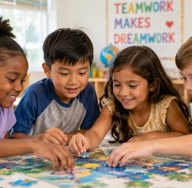 Diverse group of elementary students working together on a puzzle in a classroom setting.