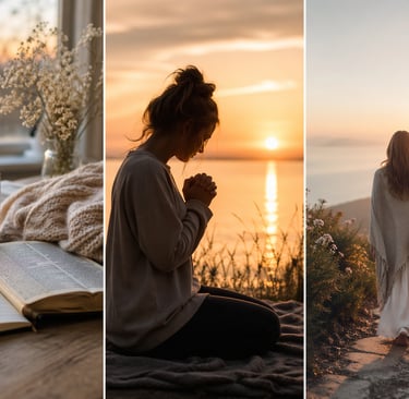 A triptych of a woman praying, reading a bible with coffee, and walking during a peaceful sunset.