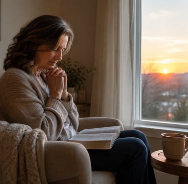 A woman prays  practicing mindfulness and spiritual devotion in a cozy chair.